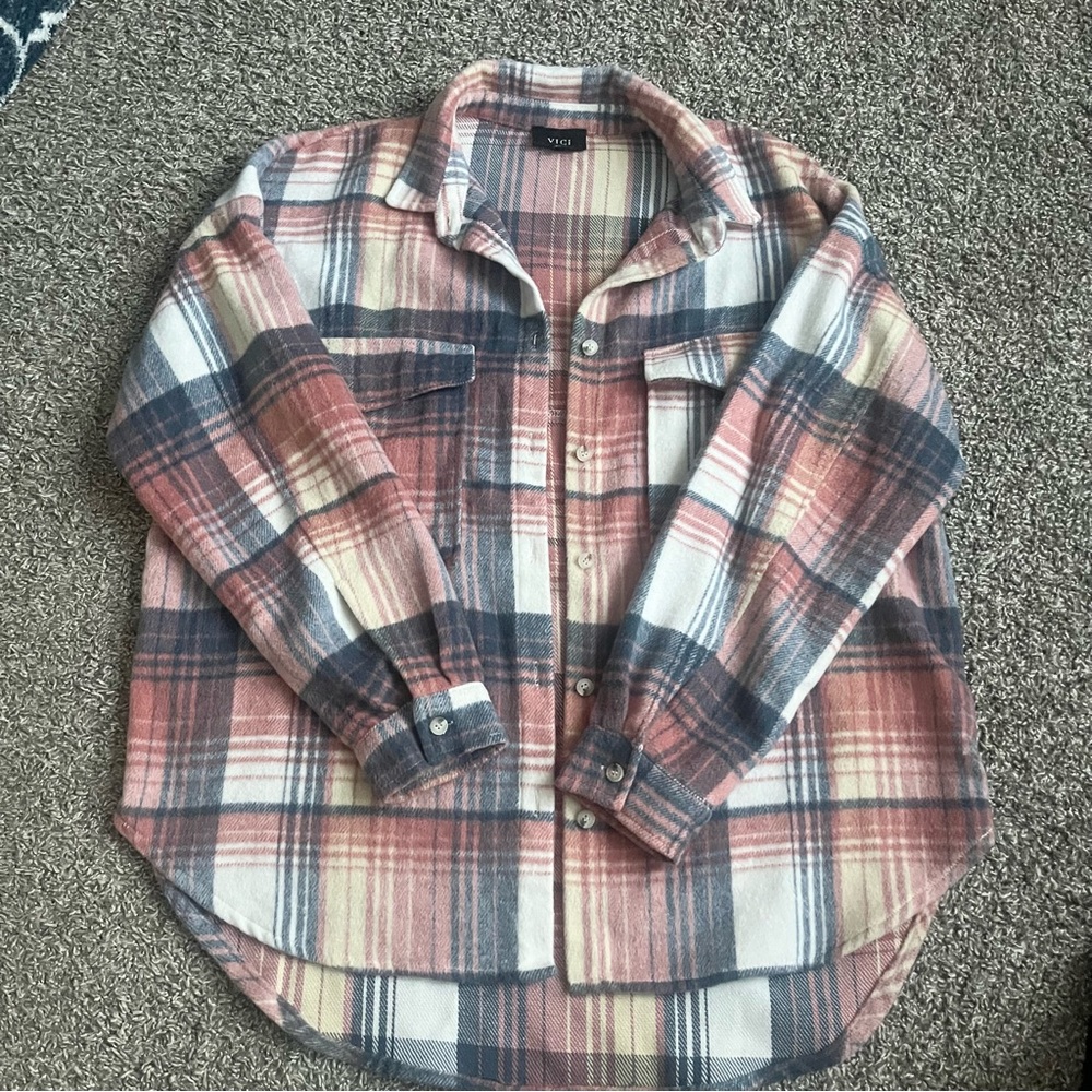 Vici Plaid Wool Blend Shacket Pink Blue Button Down Pockets Medium
